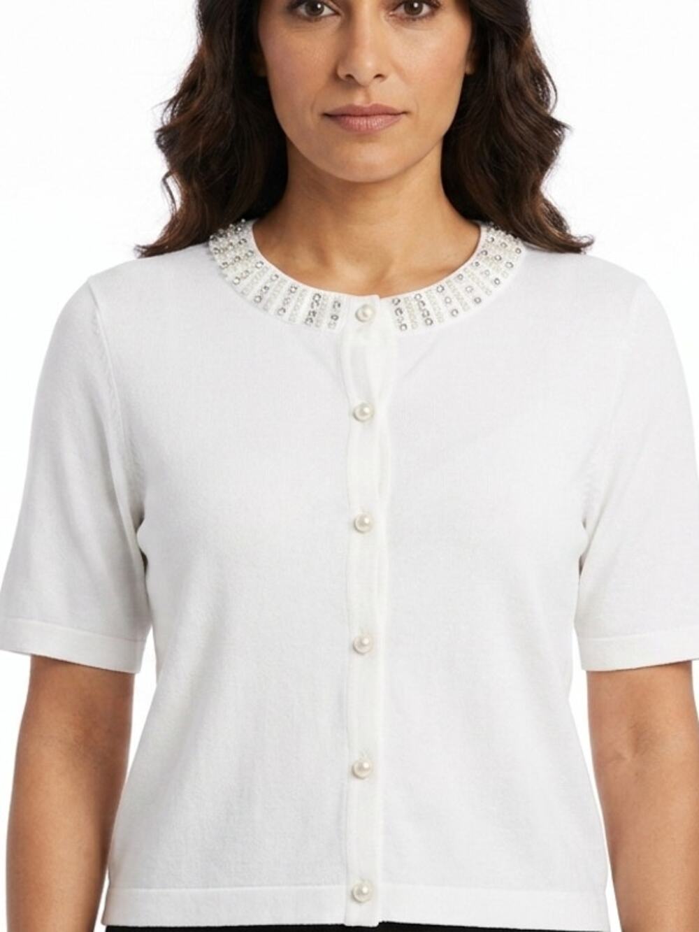 LIV Milano White Beaded Pearl Rhinestone Collar Knit Cardigan  Women
